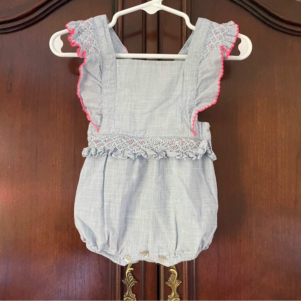 Tartine et Chocolat Light Blue Romper with Pink Trim